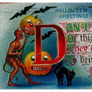 Halloween Postcard Devil Bats Gothic Black Cat Rat HIR 142 Original Malden Ma